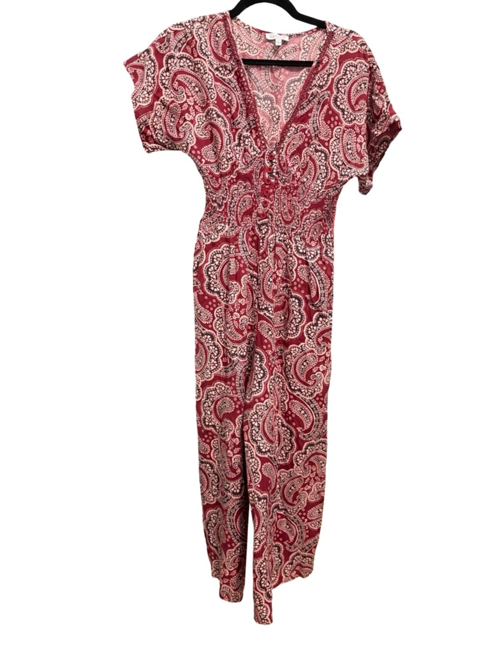 Patrons of Peace Burgundy Paisley Smocked Waist Jumpsuit - Size S